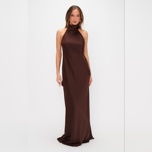 Show Me Your MUMU Lisa Maxi Dress XS Chocolate Luxe Satin Wedding Party Prom - Picture 4 of 11